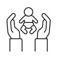 Child adoption black line icon. Hand holding baby, childcare concept. Not traditional family. Lesbian and Gay parents. Sign for