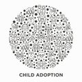 Child adoption concept in circle with thin line icons: adoptive parents, helping hand, orphan, home care, LGBT couple with child,