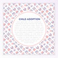 Child adoption concept with thin line icons: adoptive parents, helping hand, orphan, home care, LGBT couple with child, custody,