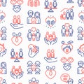 Child adoption seamless pattern with thin line icons: adoptive parents, helping hand, orphan, home care, LGBT couple with child,