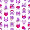 Child adoption seamless pattern with thin line icons: adoptive parents, helping hand, orphan, home care, LGBT couple with child,