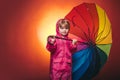 Child advertise your product and services. Handsome little guy in preparing for Autumn. Cloud rain umbrella. Raining