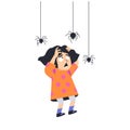 Child afraid of spiders or insects, flat cartoon vector illustration isolated.