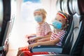 Child in airplane in face mask. Virus outbreak