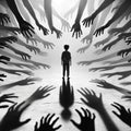 Child Amidst Chaos - Silhouette of Young Boy and Shadows of Hands Royalty Free Stock Photo