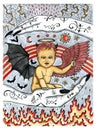 Child with angel and demon wings holding scales