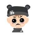 Child with angry emotions, grumpy face, furious eyes in bear hat with snowflake