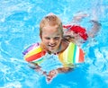 Child with armbands in swimming pool.