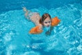 Child with armbands swimming in transparent blue water of pool