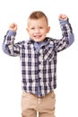 Child, arms and strong confidence or flexing for future muscle development, white background or studio. Boy, kid and