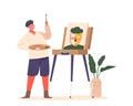 Child In Artist Cap Stand With Palette And Bush Front Of Easel Painting Abstract Portrait. Little Boy Draw In Art Studio