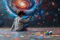 A child artist paints while wearing a virtual reality headset.