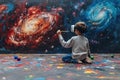 A child artist paints while wearing a virtual reality headset.