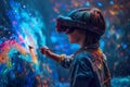 A child artist paints while wearing a virtual reality headset.