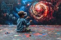 A child artist paints while wearing a virtual reality headset.