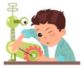 Child assemble robot. Boy making robotic toy. Kid creating automatic electronic machine. Artificial intelligence. Baby