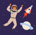 Kid astronaut in cardboard rocket outfit dreams about space. Boy in self made costume flying in sky Royalty Free Stock Photo