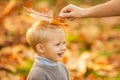 Child in the autumn park. Beautiful child in sweater in the autumn nature. Happy child laughs outdoors on autumn leaves