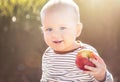 Child (baby boy) with red apple in the autumn (fall) day. Kid eating healthy food, snack Royalty Free Stock Photo