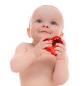 Child baby girl toddler holding red heart valentines day symbol Royalty Free Stock Photo