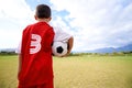 Child, back view and soccer player on field for fitness, workout and ready for training on grass. Boy, athlete and ball Royalty Free Stock Photo