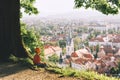 Little child looks at panorama of Ljubljana, Slovenia, Europe