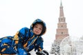 Child on background of Syuyumbike tower in Kazan Kremlin Royalty Free Stock Photo