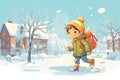 child with backpack after school, catching snow Royalty Free Stock Photo