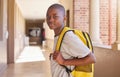 Child, backpack and school portrait of a African kid ready for education, learning and study. Boy student on campus Royalty Free Stock Photo