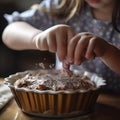 Child bakes delicious cookies, pie, cooking, helping parents