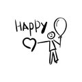 Child with a balloon, Happy inscription, heart. Holiday concept. Vector hand-Drawn illustration