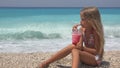 Child on Beach, Kid Portrait Drinking Juice,Thirsty Girl Face View on Seashore