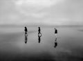 Child on beach in morning fog in black and white Royalty Free Stock Photo