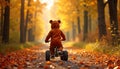 Child in bear costume rides tricycle on autumn path. Sunny warm colors fill golden forest. Playful exploration in nature. Cute