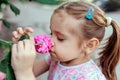 Little girl with flowers, portrait near a blooming rose bush, close-up, horizontal shot. summer time. Summer time Royalty Free Stock Photo