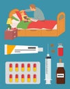 Child in Bed, Father and Sick Kid Parent Vector