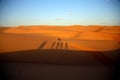 Child from behind plays with the shadows of people cast by the rays of the sun on the dunes of the desert at sunset, Wahiba Sands Royalty Free Stock Photo