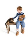 Child on bench and puppy Royalty Free Stock Photo
