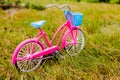 Child bicycle on the lawn.Minimal concept. Plastic bicycle toy over grass background. Pink bike. Travel concept of Royalty Free Stock Photo