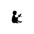 Child with bird. Black silhouette Isolated on white. Flat design. Vector illustration