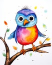 child bird sitting branch cartoon illustration big eyes streamer