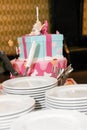 Child birthday cake with white plates for serving Royalty Free Stock Photo