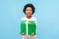 Child birthday celebration. Positive cute joyful little boy with curly hair holding large wrapped gift tightly