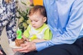 Child, birthday party and childhood concept - Little boy with a birthday cake Royalty Free Stock Photo