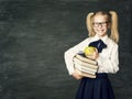 Child Blackboard, Happy School Girl Hold Books, Kid Education