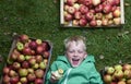 Child blond boy lying on the green grass with apples background, holding, eating and biting apple Royalty Free Stock Photo