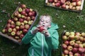 Child blond boy lying on the green grass with apples background, holding, eating and biting apple Royalty Free Stock Photo