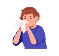 Child blowing nose with handkerchief in hands. Ill sick kid sneezing from cold, flu. Unhealthy little boy with allergy