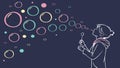 Child blowing soap bubbles, childhood and playful scene art. vector design Generative AI