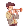 Child blowing trumpet, joyful performance begins
